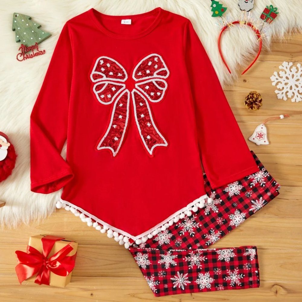 Girls Sequin Bow Snowflake Legging Set Size 11-12Y